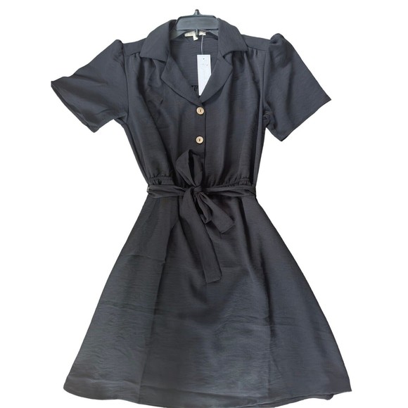 Womens Short Sleeve Button Dress Small Belted Black Pinup Goth Dark Academia - Picture 4 of 16